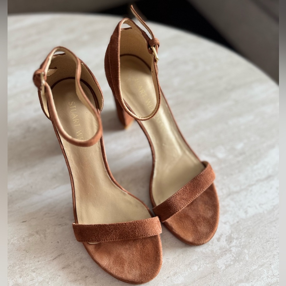 Stuart Weitzman Nearlynude Suede Block Heel Sandals Brown Size 5.5